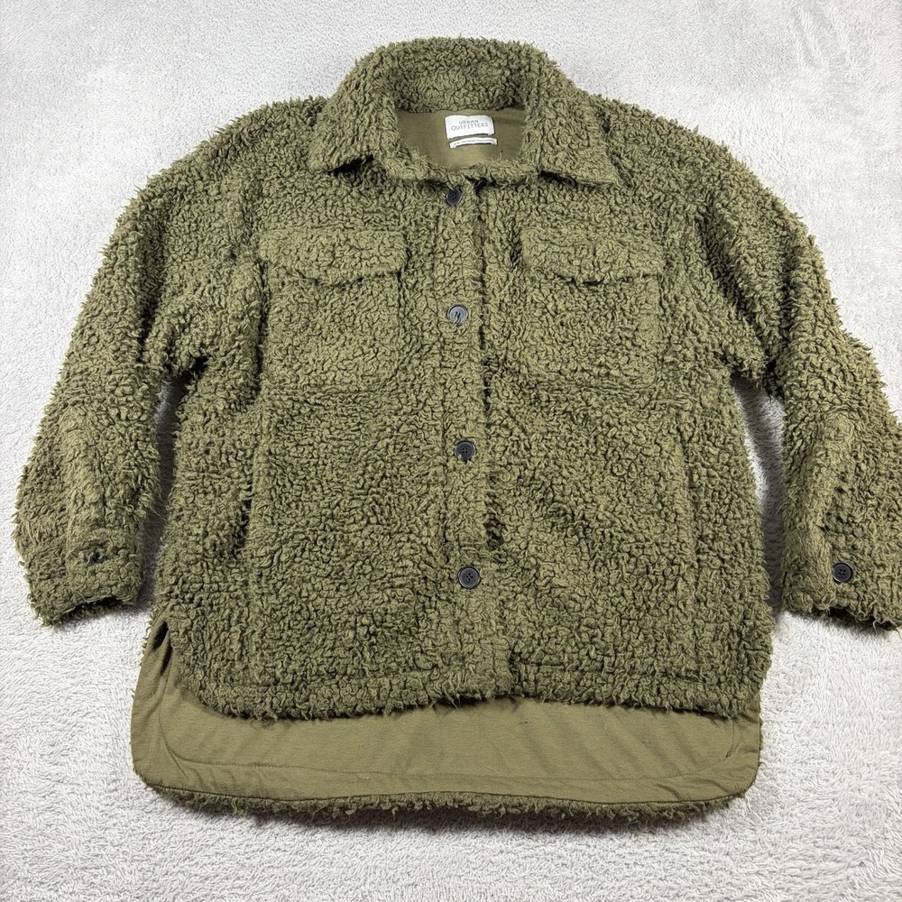 Urban Outfitters Sherpa Teddy Fleece Shacket M Olive Green Utility Shirt Jacket